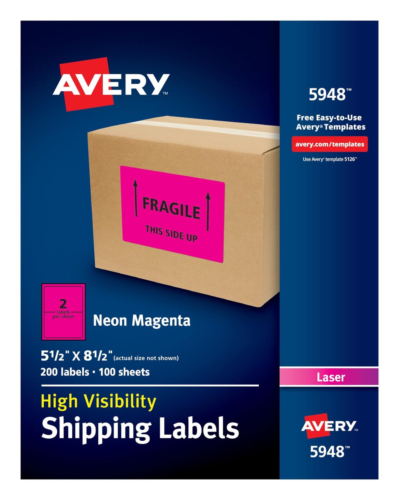 Avery Neon Shipping Labels for Laser Printers 512 x 812 200 Pink Labels 5948