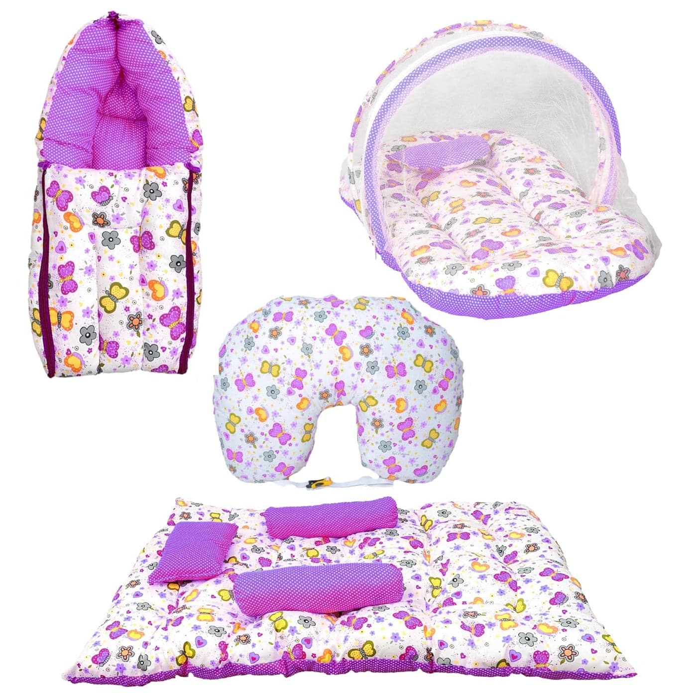 Kids Charm Butterfly 4 PCS Combo Set3 in 1 Babys Cotton Carry Bed5 in 1 Babys Cotton Breast Feeding Pillow2 in 1 Cotton Bed with Mosquito Net2 in1 Sleeping Bed for 48 MonthsVoilet
