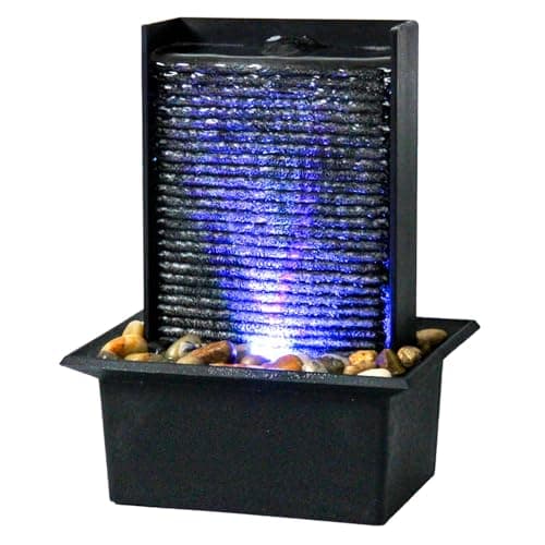 Small Indoor Relaxation Tabletop Fountain, Zen Meditation Waterfall Feature with Color LED Light & Natural Rocks, 4 Level Desk Waterfall for Home Office Bedroom Living Room Decoration (Style 2)