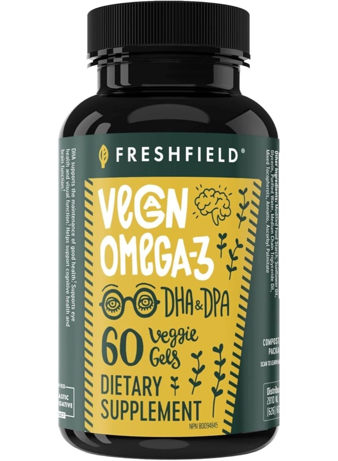 Freshfield Vegan Omega 3 DHA + DPA: Carrageenan Free, Compostable Bottle Made from Plants, Fish Oil Replacement, Carbon Neutral. Supports Heart, Brain, Joint Health (60)