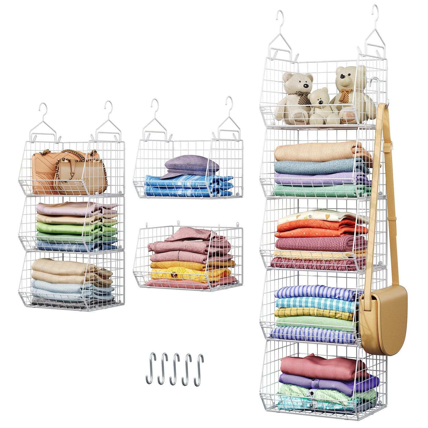 5 Tier Closet Hanging Organizer Clothes Hanging Shelves with 4 Hanging Hooks 5 S Hooks Wire Storage Basket Bins for Clothing Sweaters Shoes Handbags Clutches Accessories Patent DesignWhite