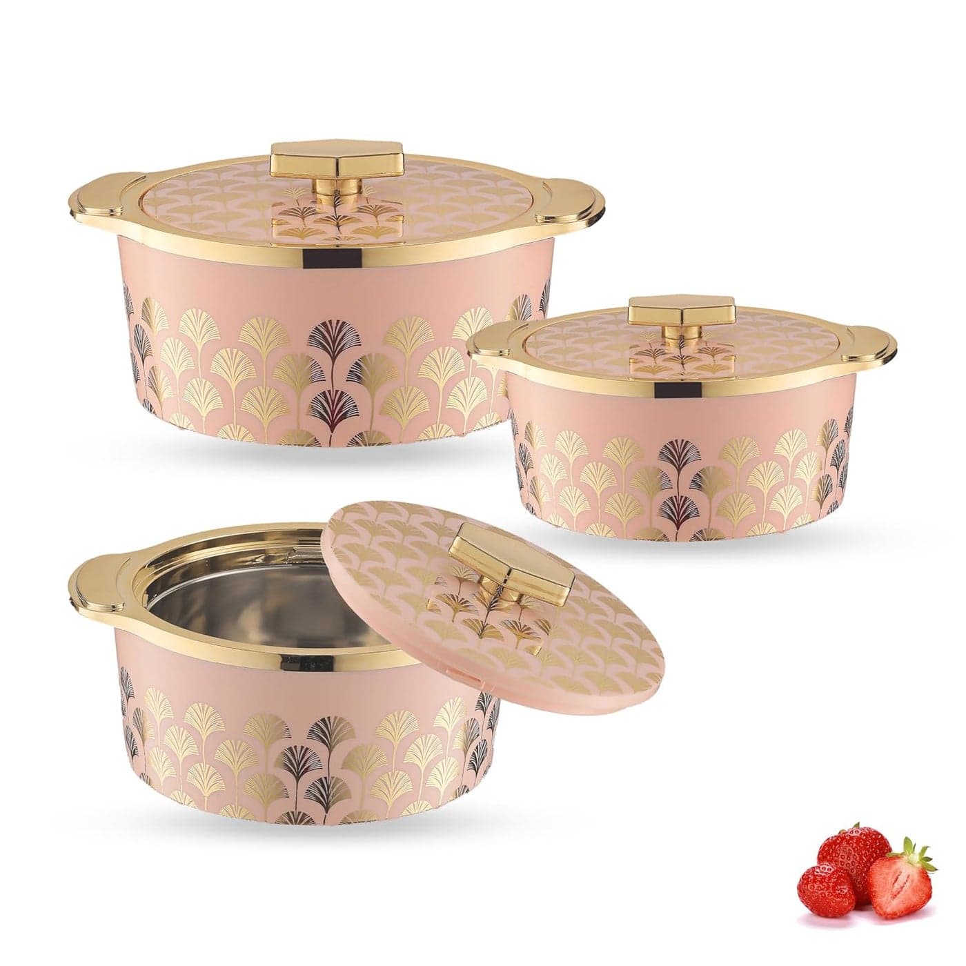 Trueware Floraa Fine Inner Steel Casserole Set of 3 7501000 1500 ml Pink PU Insulated BPA Free Odour Proof Food Grade Ideal for Chapatti Roti Curd Maker Thermoware Hot Pot
