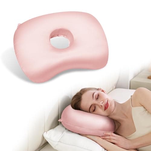 Swaycy Ear Piercing Hole Pillows Side Sleeper Pillow with an Ear Hole for CNH Side Sleepers and Ear Inflammation Pressure Sores Adjustable Cotton and Polyester Curved Side Pillow Light Pink Silk