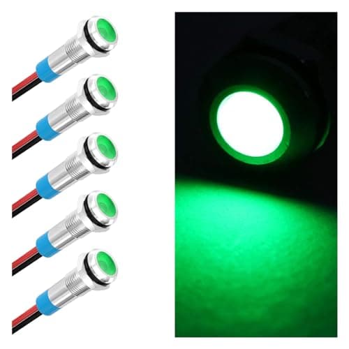 5PCS 6MM 14 LED Indicator Light ACDC 1224V Waterproof IP66 Metal Signal Lamp Metal Indicator with 145mm Wire Automotive LED Indicator Light for Cars Trucks Boats Green