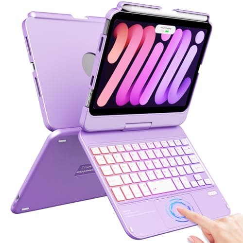 FUWANG Touchpad Keyboard Case for iPad mini 7 A17 Pro 2024 & Mini 6th Generation 2021 8.3 inch - 360° Swivel 7 Color Backlit Keyboard for iPad mini 7th 6th Generation with Pencil Holder, Purple