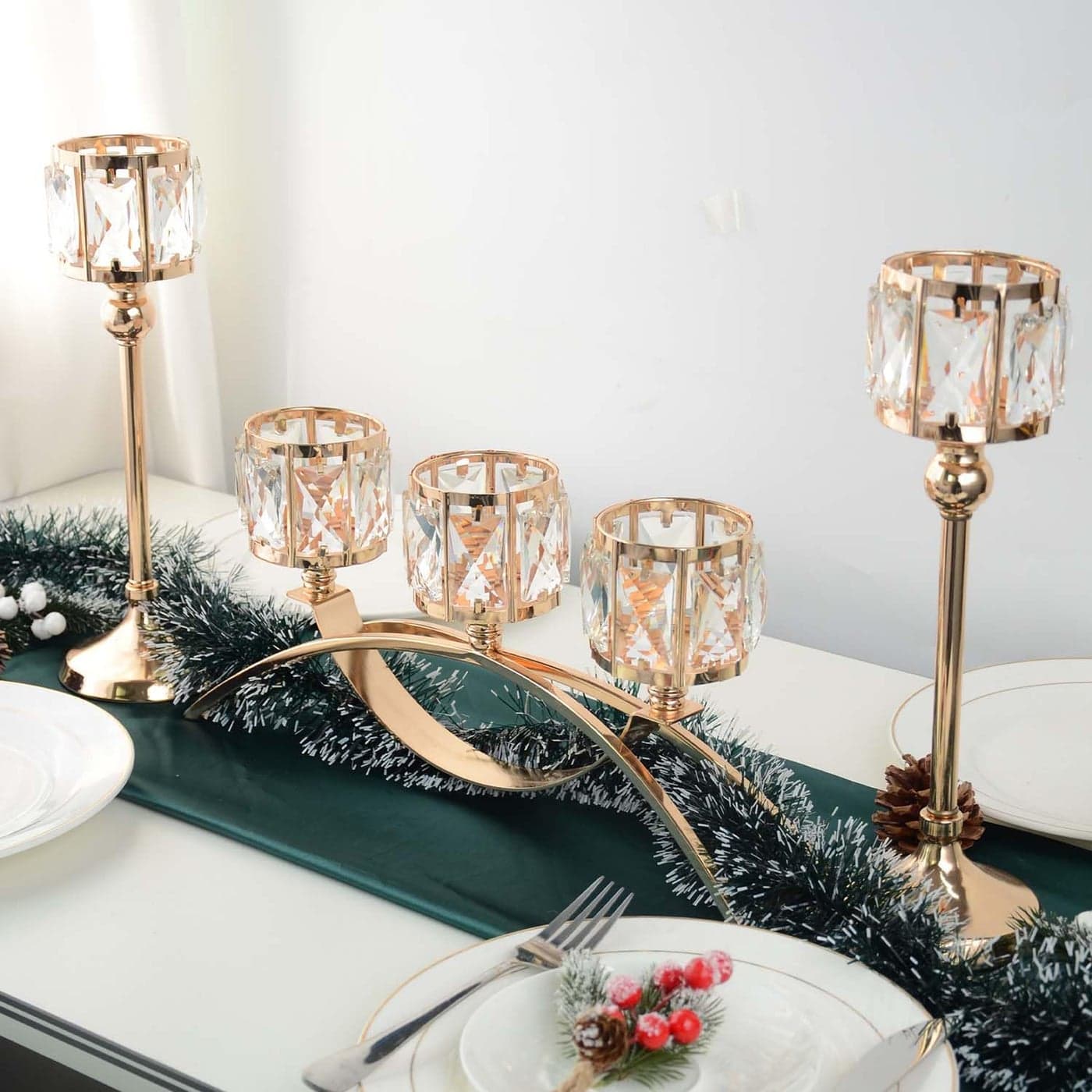 KEHAIL 3 Arms Crystal Candle Holders Arch Candlestick Table Candelabras Centerpieces for Wedding Dinning Room Cabinet Ornaments Home Decoration Gift 3arm Arched Set Gold