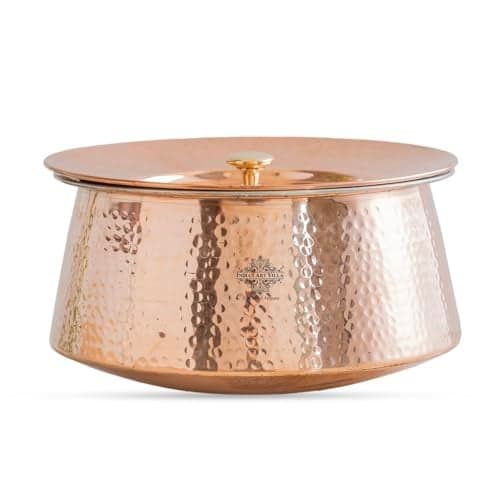 Indian Art Villa Handcrafted Hammered Copper Serving Handi with Lid and Tin Lining – Traditional Indian Cookware Handi for Serving Rice, Curries, and Dishes – 2000 ML Capacity