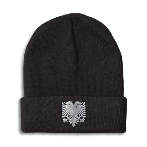 Beanies for Men Silver Albanian Eagle Embroidered Country Seal Winter Hats for Women Acrylic Skull Cap 1 Size Black Design Only
