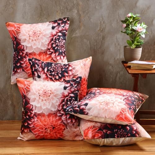 ROMEE Designer Floral Printed Cushion Cover 16 inch x 16 inch Set of 5 | Decorative Square Jute Throw Pillow/Cushion Cover for Living Room, Sofa, Couch, Bedroom (Multicolor)
