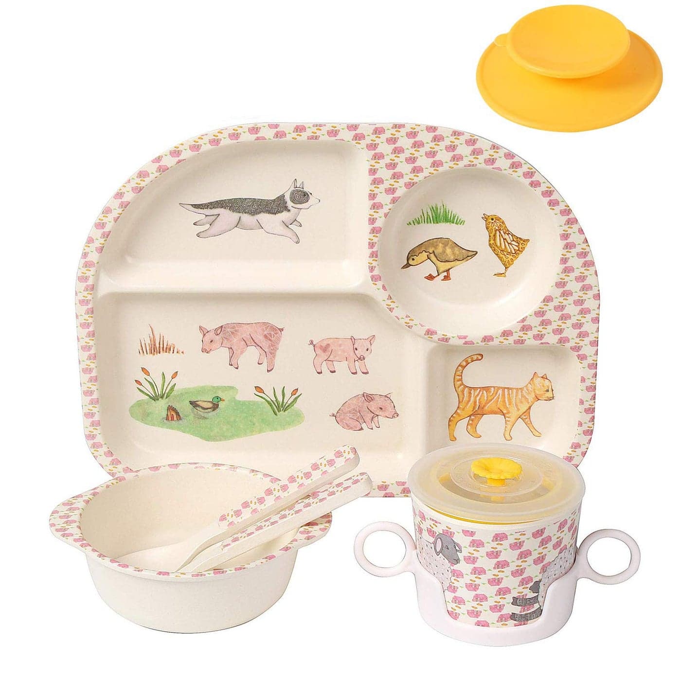 shopwithgreen 7PcsSet Bamboo Kids Dinnerware Set Children Dishes Food Plate Bowl Cup Spoon Fork Set Dishware Cartoon Tableware Dishwasher Safe Kids Healthy Mealtime BPA Free