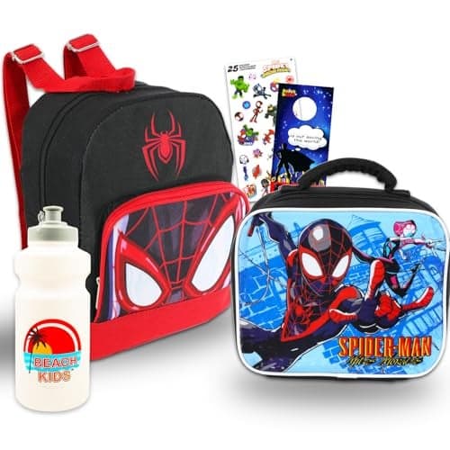 Miles Morales Mini Backpack with Lunch Box Set - Bundle of 10” Spiderman Backpack, Lunch Bag, Water Bottle, Stickers, More