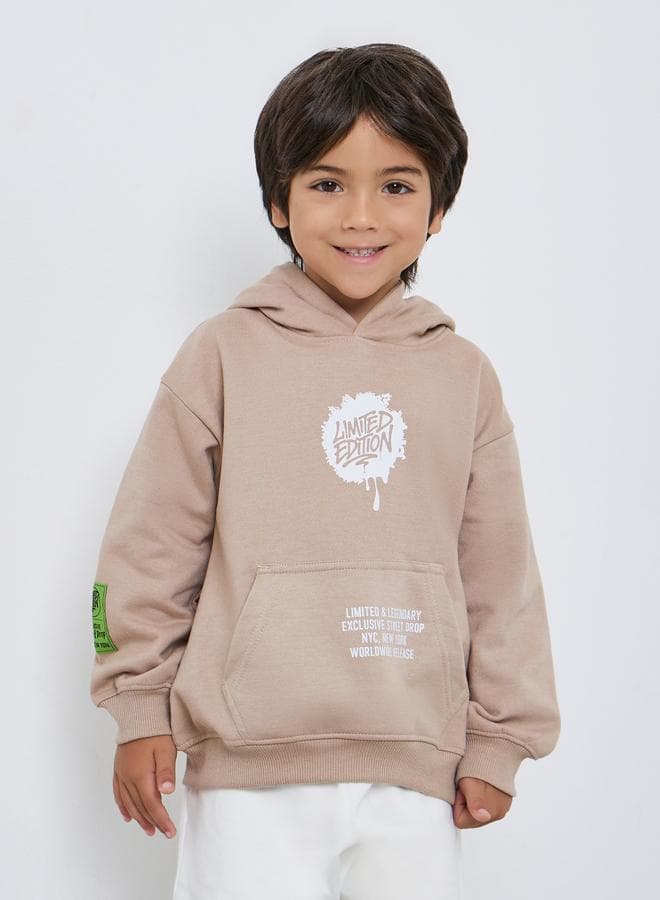 Boys Beige Slogan Print Hoodie