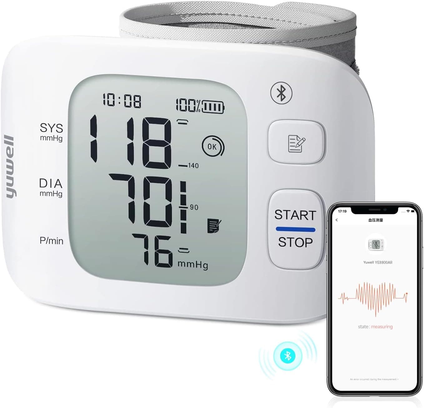 yuwell Rechargeable Wrist Blood Pressure Monitors for Home Use Large Wrist Cuff with Irregular Heartbeat with Bluetooth Wireless Technology to Healthcare App for Unlimited Free Measurements