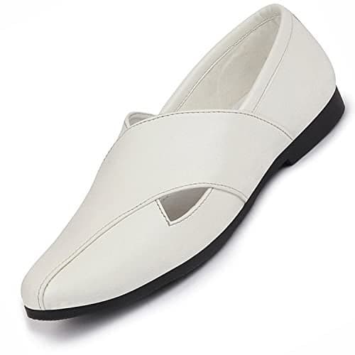 FAUSTO Men's Ethnic Criss Cross Slip On Juttis and Mojaris for Wedding|Party|Occasions|Fashion|Stylish|Outdoor|Indoor|Lightweight|Shoes with Anti Skid Sole (White, Numeric_8)