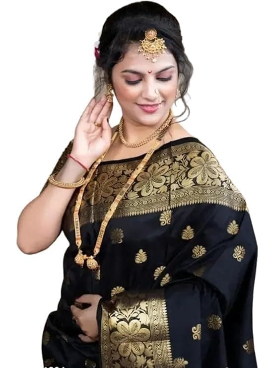 Shiv Textiles Women's Silk Woven Kanjivaram Saree(S-102-BLACK)