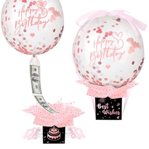 Upgraded Birthday Money Box for Cash Gift Pull Funny Pull Money Balloon Box Happy Birthday Surprise Set Birthday Gifts for Women Men Best Friend Girlfriend Wife Sister Rose Quartz