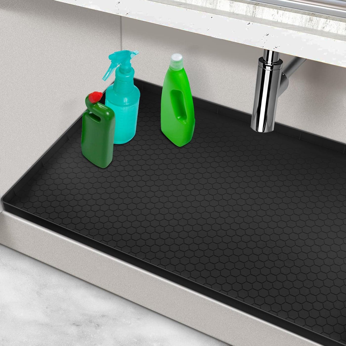 Under Sink Mats for Kitchen Waterproof Silicone Under Kitchen Sink Mats and Protectors for 34 x 22 Cabinets Under Sink Tray Organizer Shelf Liners Cabinet Liner for Kitchen and Bathroom Black
