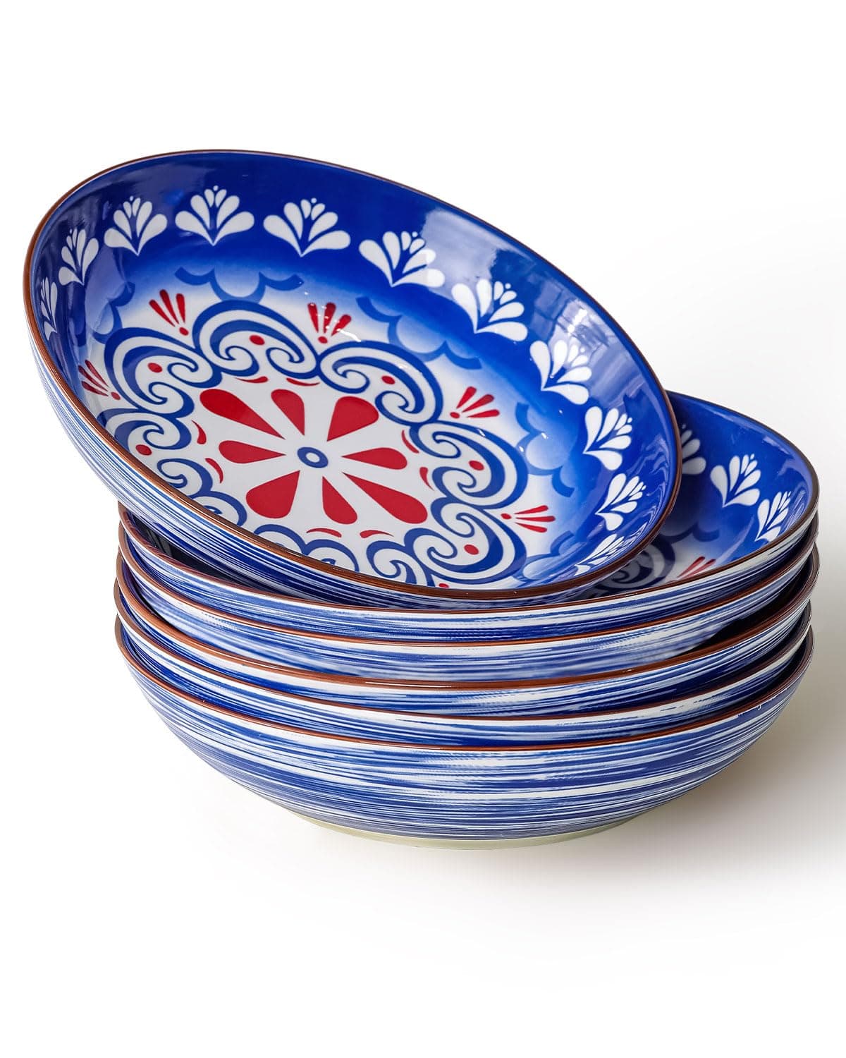 Yeacccng Bohemian Pasta Bowls Set of 6, 8.5 Inch 35 Oz Ceramic Serving Bowls, Blue Color Block Design, Lead-Free Cadmium-Free, Dishwasher Microwave Oven Safe, Scratch-Resistant Salad Soup Bowls