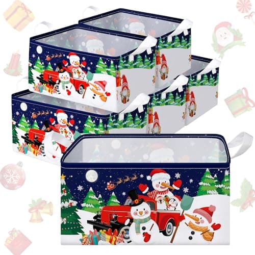 Maxcheck 6 Pcs Large Christmas Snowman Storage Basket Foldable Christmas Gift Basket Rectangle Xmas Present Storage Boxes Bin Fabric Laundry Storage Organizer with Handles for Cloth Toy