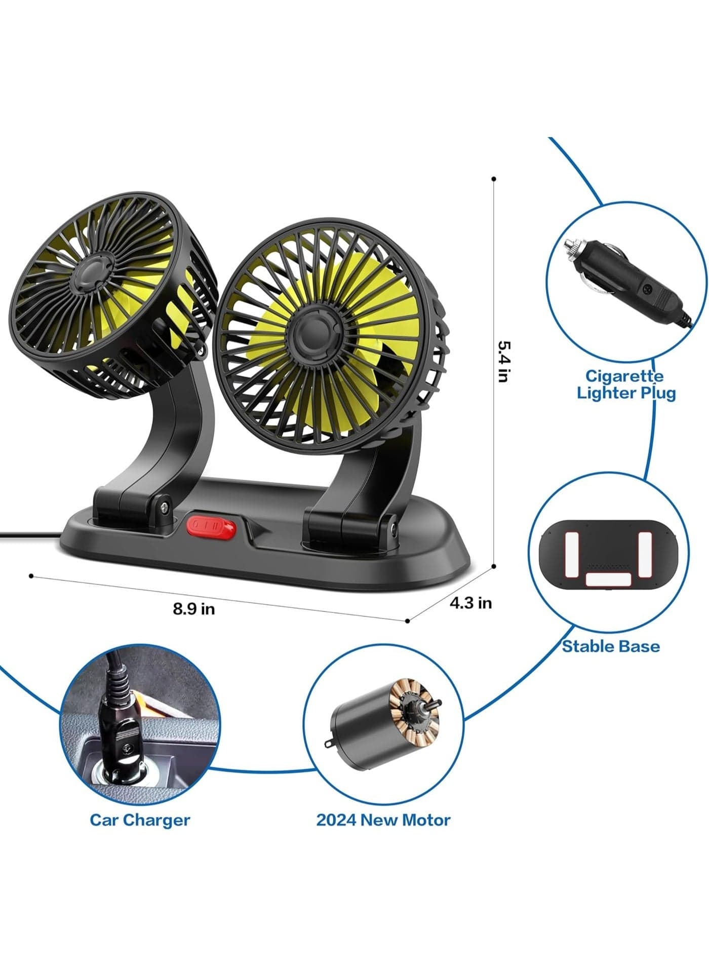 Portable Dual Head Automotive Fan with Quiet Operation and Strong Airflow Enjoy effective cooling without excessive noise. This portable automotive fan combines powerful airflow, quiet performance, and adjustable positioning, making it ideal for daily commuting, road trips, and vehicles with limited