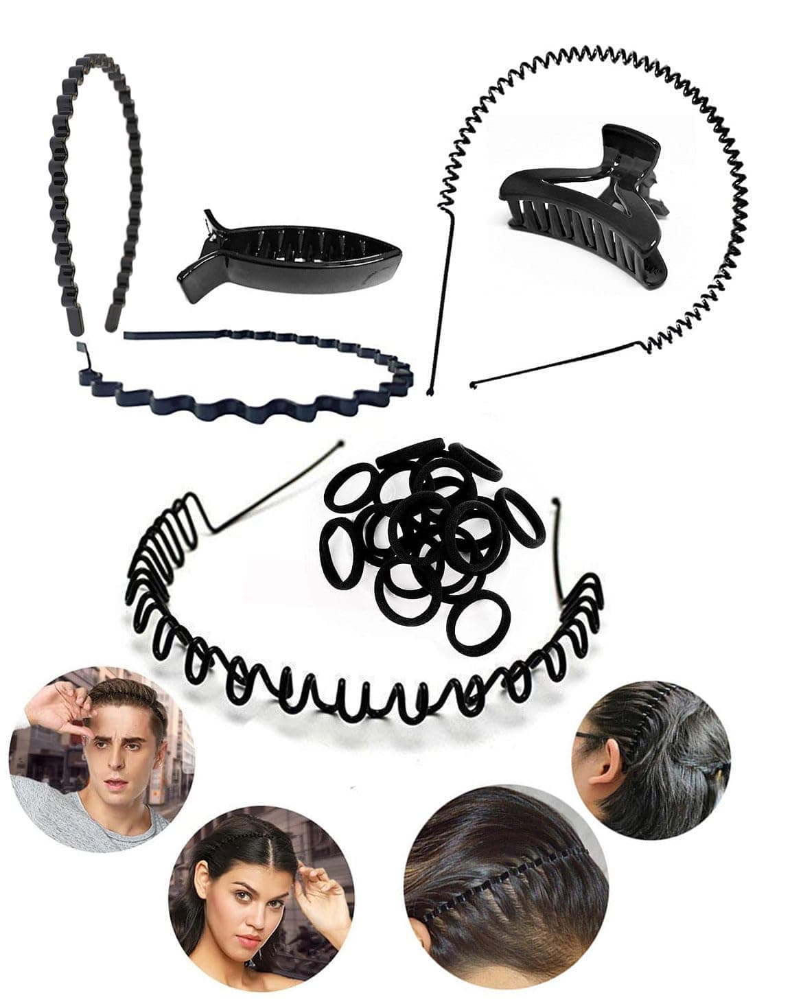 BHARATGAURAV Plastic and Metal Black Flexible Metal Wavy and Spring Band Hair Hoop Hairband Rubber Band and Clips Claw for Men and Women Pack of 17