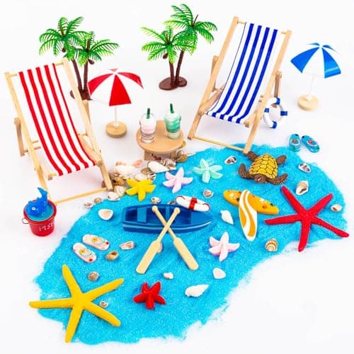 18 Pcs Beach Miniature Dollhouse Decoration Beach Cake Decorations Umbrella Palm Chair Miniature Toys for DIY Garden and Plant Decoration