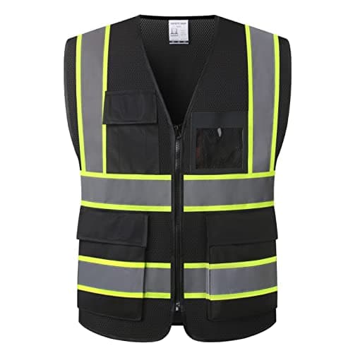 HATAUNKI Reflective Safety Vest for Men Women High Visibility Vest with 8 Pockets and Front Zipper Mesh Reflective Vest Meets ANSI/ISEA Standards (Black-07, Medium)