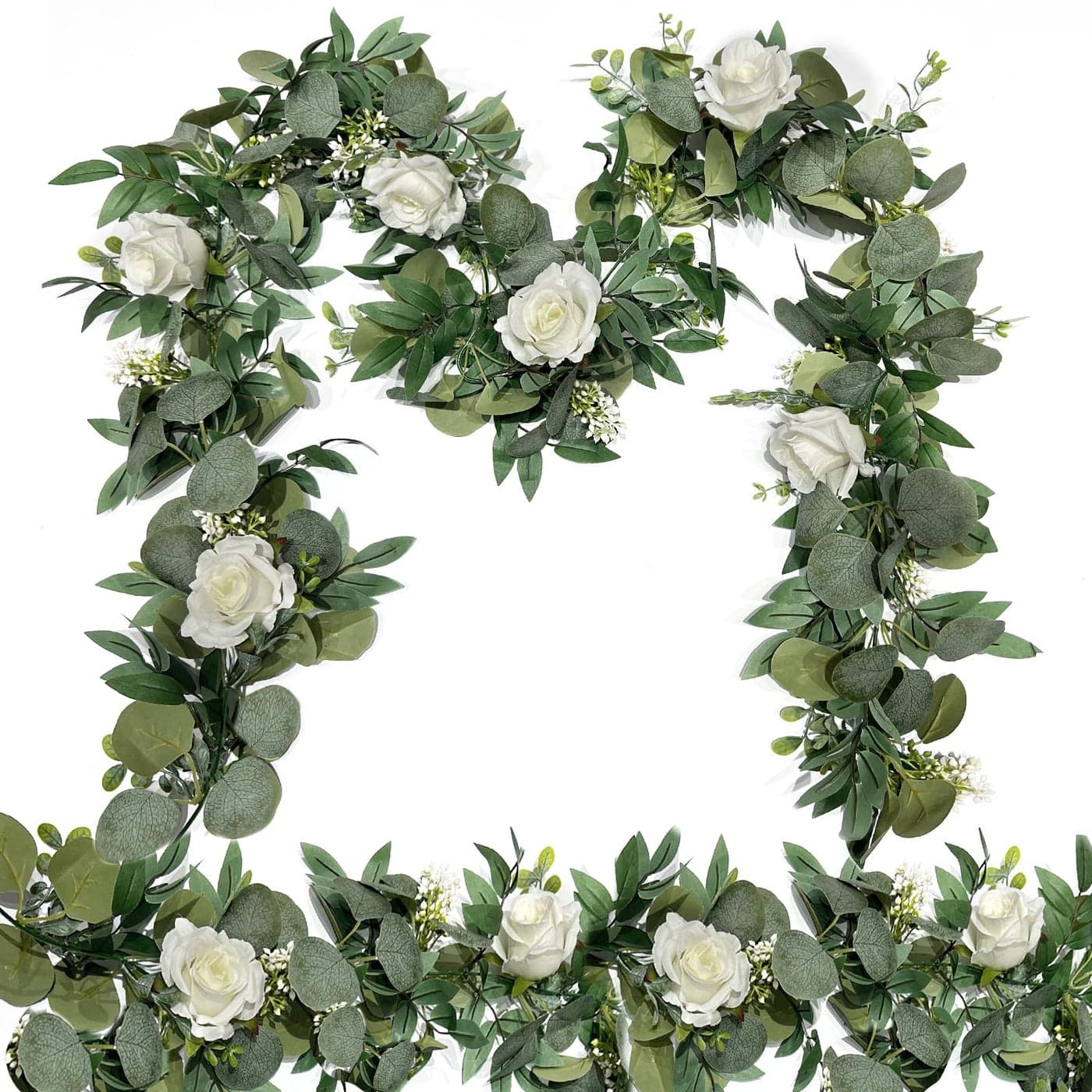2 Pack 13Ft Artificial Eucalyptus Flower Garland with White Roses Fake Rose Flower Greenery Garland Floral Vines for Wedding Home Party Table Runner Decor White