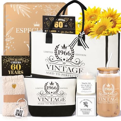 iAOVUEBY 60th Birthday Gifts for Her Women Cool Gifts for 60 Year Old Woman Sixty Birthday Tote Bag Glass Cup Candle Gift Basket Ideas Daughter Mom Sister Friend Wife Coworkers
