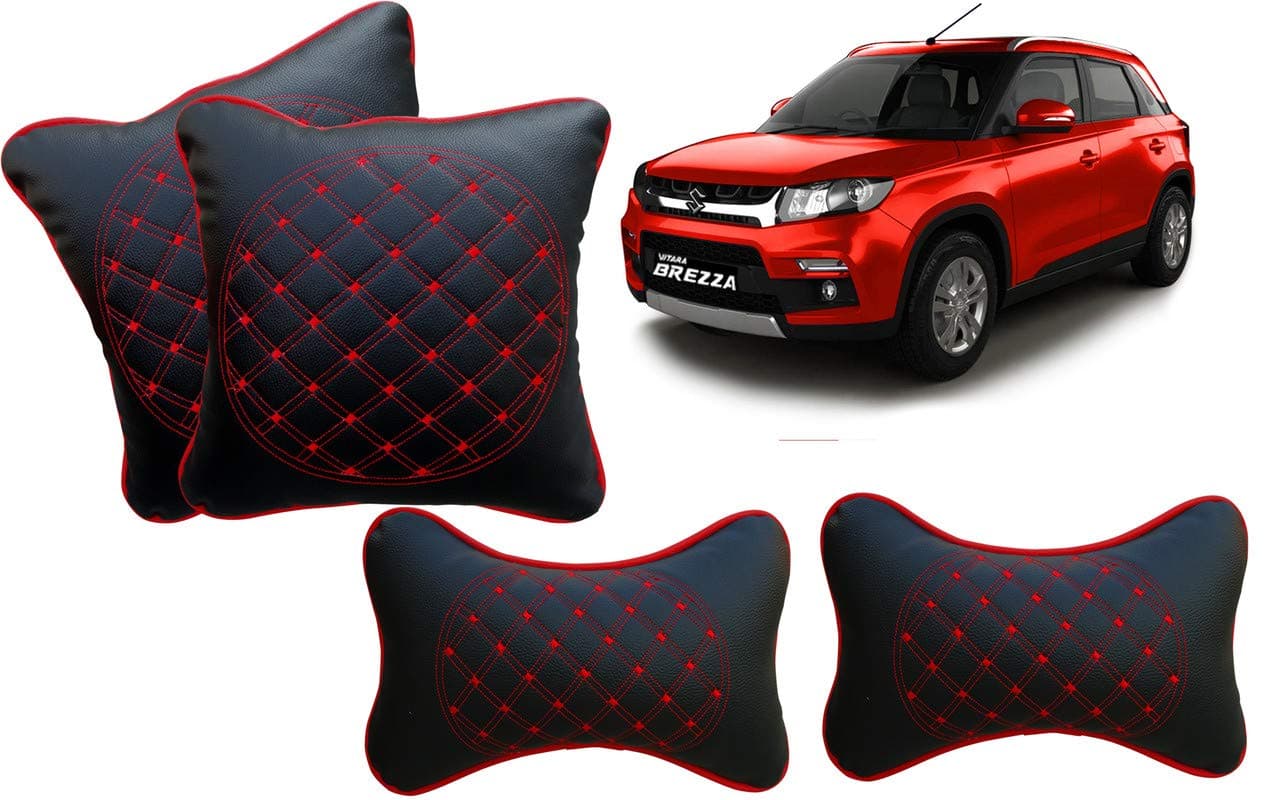 Selifaur Black and Red Double Quilted Car Cushion and Neck Rest Pillow Set of 4 for Vitara Brezza