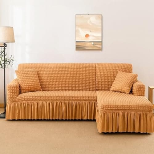 WE CLEVER Elastic Stretchable Turkish Bubble Sofa Cover with Skirt –Washable High-Elastic Polyester & Spandex Furniture Slipcover with Frill Design (Beige, L Shape (3+2))