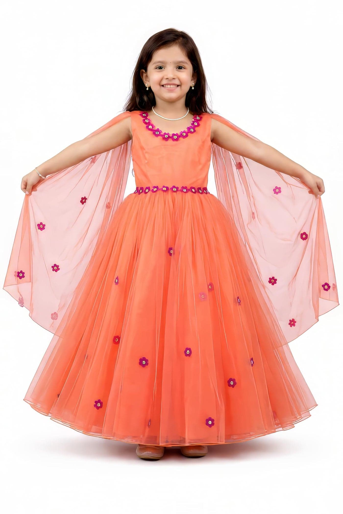Stanwells Kids Dress for Girls Embroiderd Full Length Frock for Baby Girls Flower Gown Ruffle Pattern Back Zipper Beautiful Sleeveless Birthday Dress for Girls Coral (5-6 Years)