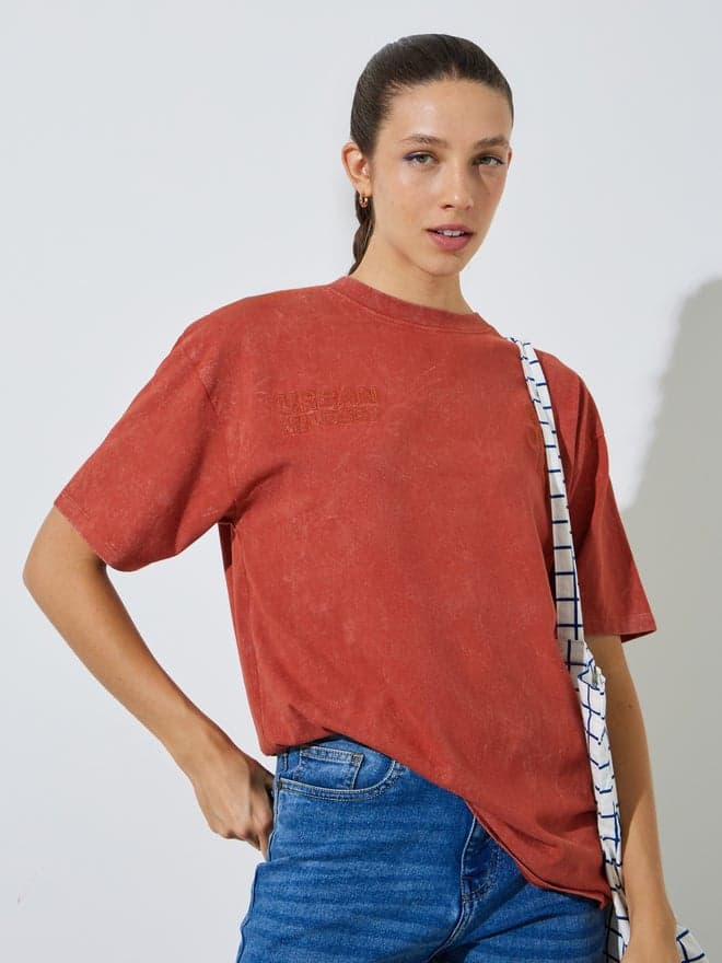 Styli Rust Tonal Slogan Embroidered 100% Cotton Washed T-Shirt