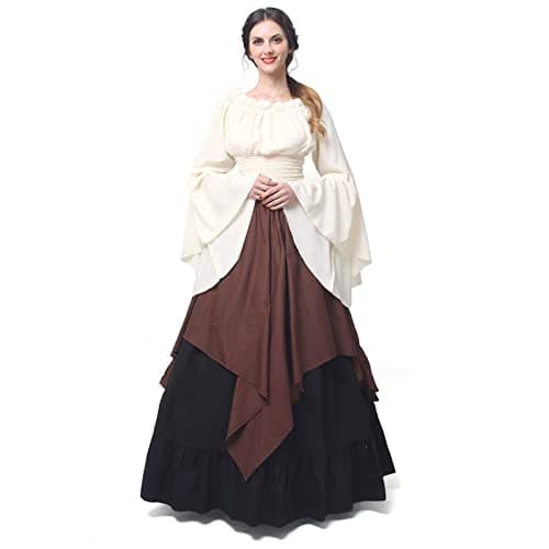 NSPSTT Womens Renaissance Medieval Costume Victorian Dresses Gown Scottish Dress,DarkBrown L