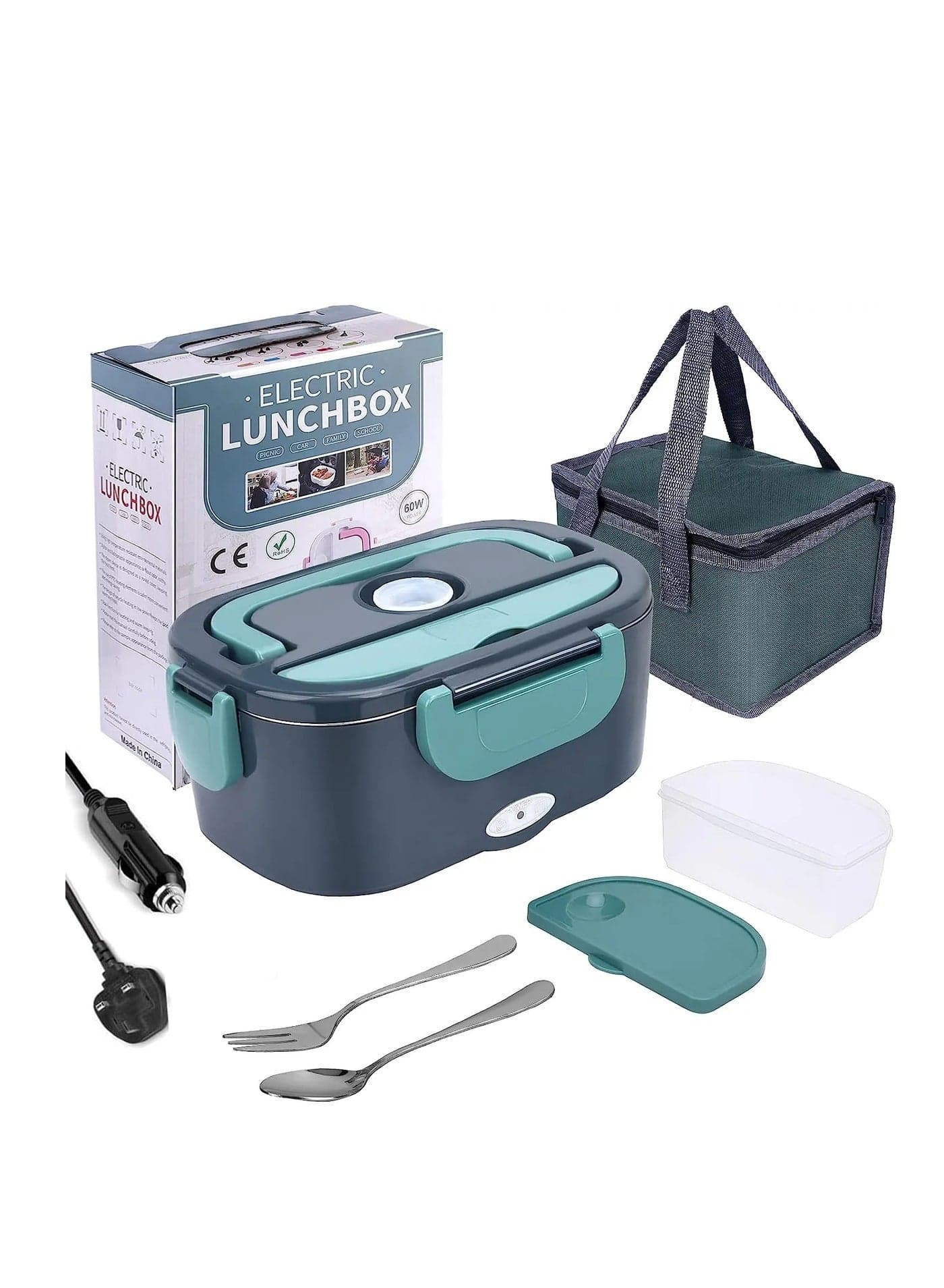 Electric Lunch Box – Fast 60W Food Heater 3-In-1 Portable Food Warmer Lunch Box for Car Home – Leak proof, 2 Compartments, Removable 304 Stainless Steel Container Utensils