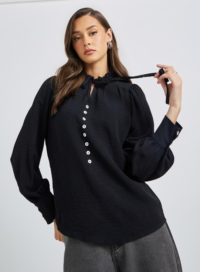 Styli Black Solid Long Sleeve Blouse — L