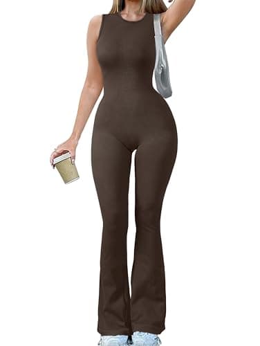 OQQ Women Yoga Jumpsuits Ribbed Crew Neck Sleeveless Bell Bottoms Flare Jumpsuits Darkbrown
