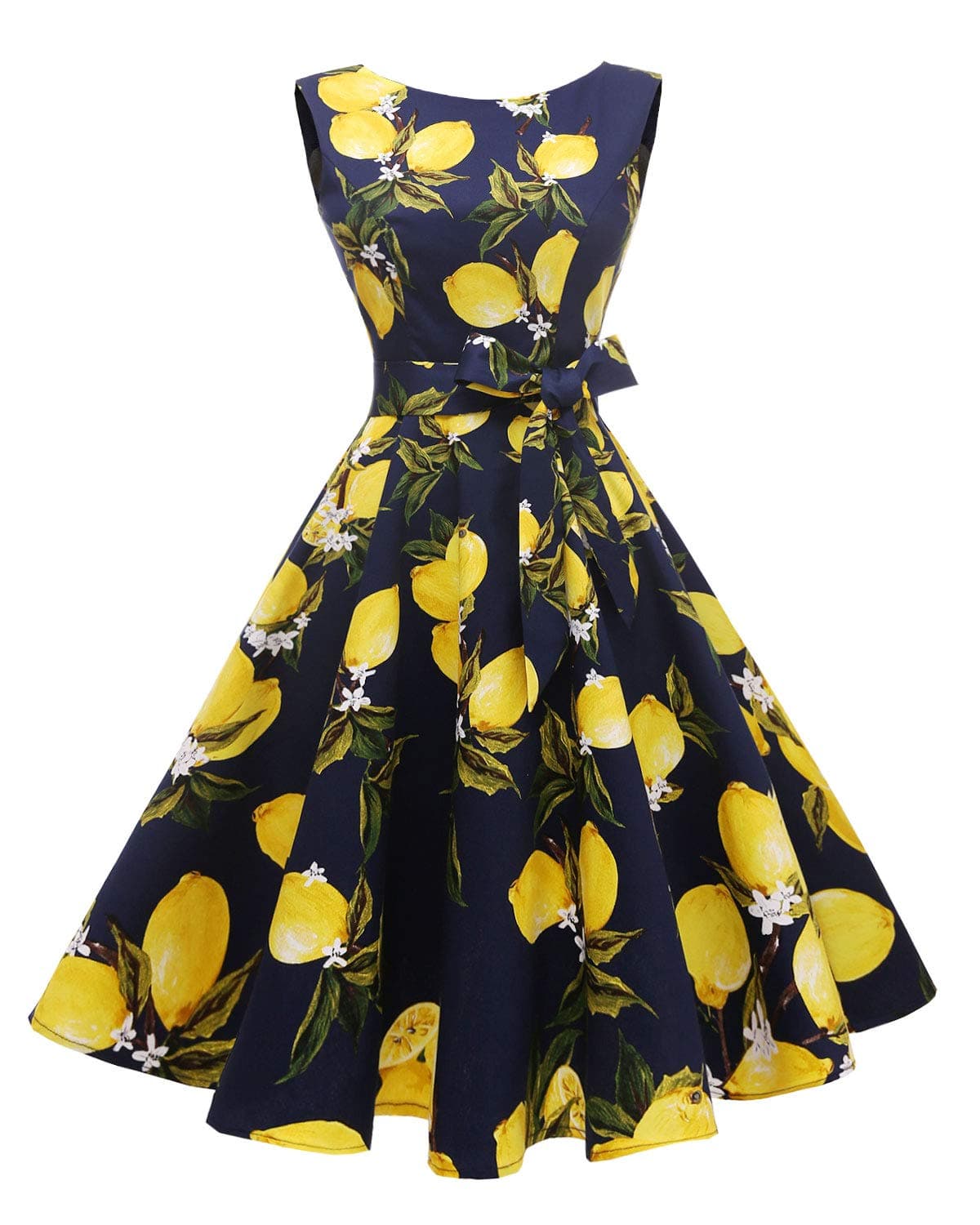 Hanpceirs Women's Boatneck Sleeveless Swing Vintage 1950s Cocktail Dress Lemon Navy XL