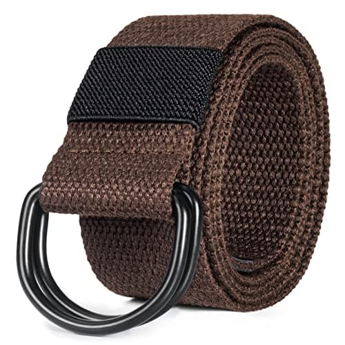 maikun Mens & Womens Canvas Belt with Black D-ring 1 1/2" Wide, Cloth Coffee Belt for Men, Length 120cm