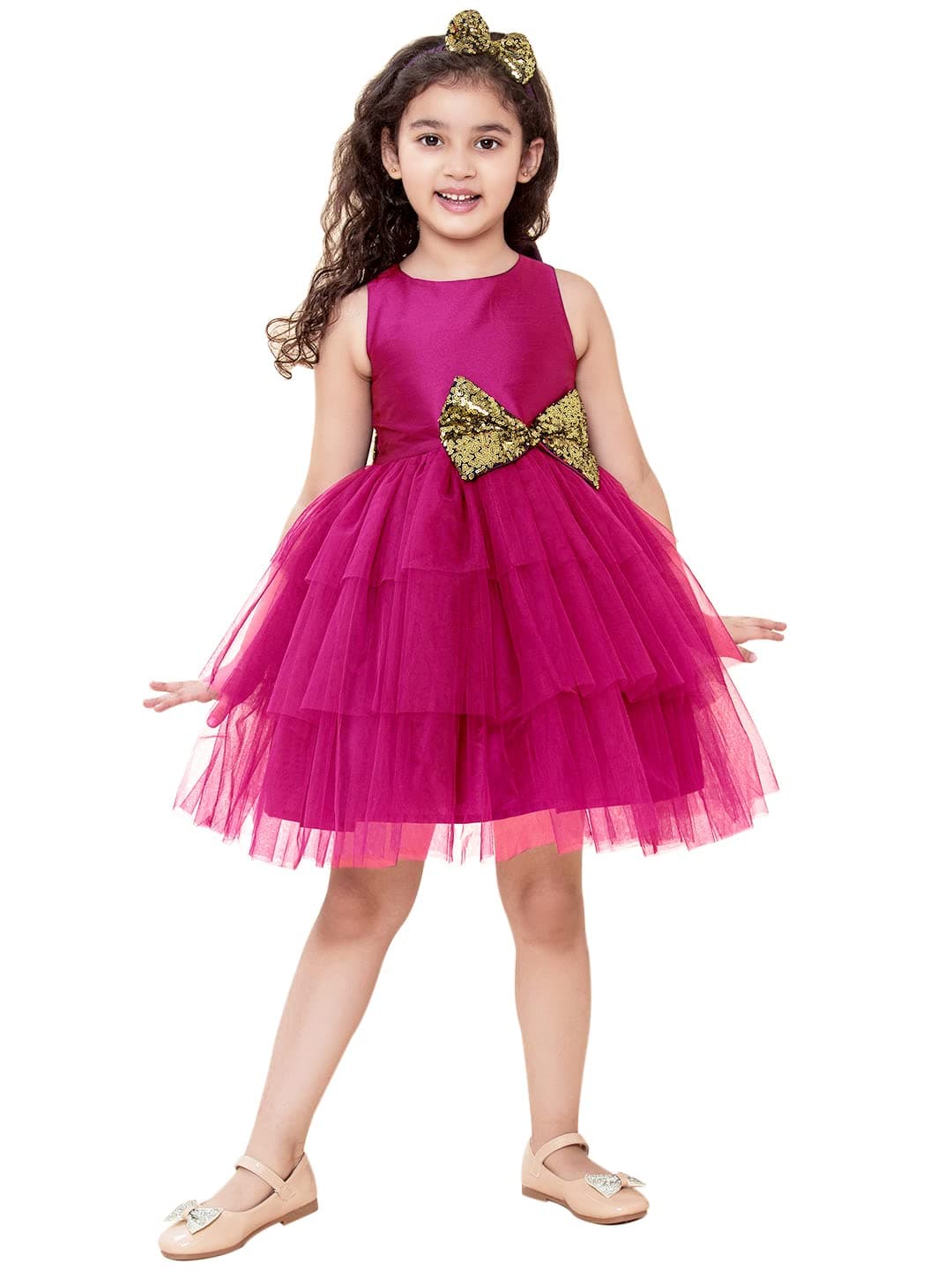 A.T.U.N. (ALL THINGS UBER NICE) Polyester Girl's Fit and Flare Dress (GDRS KYH FSG_6-7_Fuchsia, Gold_6-7 Years)