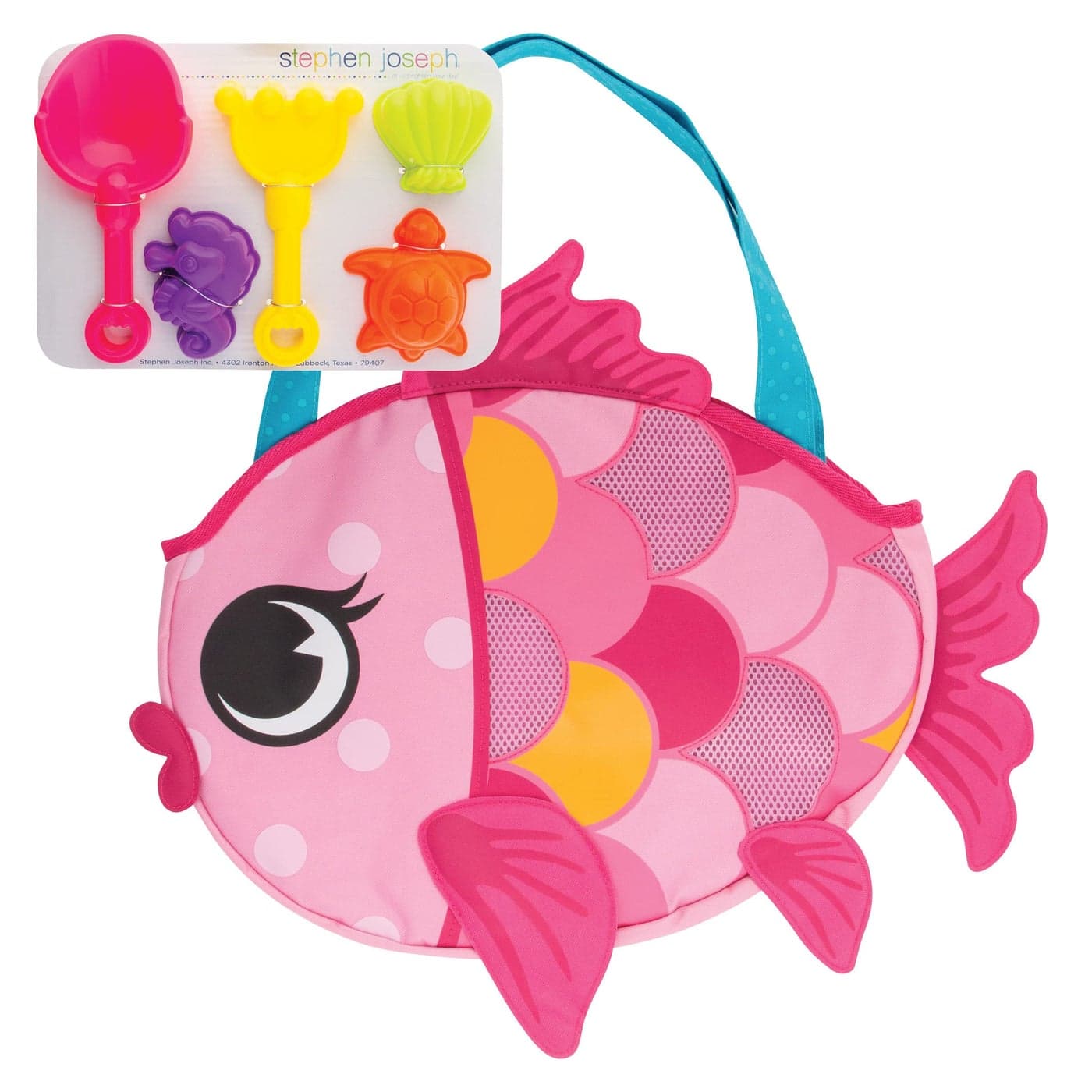 Stephen Joseph Beach Tote with Sand Toys Toddler and Baby Beach Toys Travel Friendly Beach Set 6 Piece Beach Play Set Beach Bag with Sand Toys for Toddlers and Kids Pink Fish