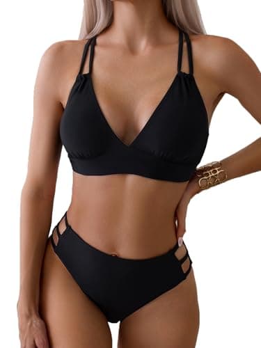 Fanuerg Women's Sexy V Neck Bikini Sets Hollow Out Two Piece Swimsuits Cutout Mid Waist Bathing Suit Black S