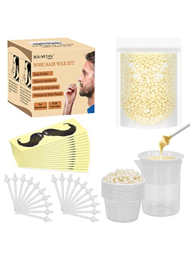 Nose Wax Kit Men Women Bouvetan Nose Hair Waxing Kit with 100g Nose Hair Wax Beads 1520 USES 20 Applicator 15 Mustache Protector 10 Paper Cups 1 Measuring Cup Easy and Quick Instant