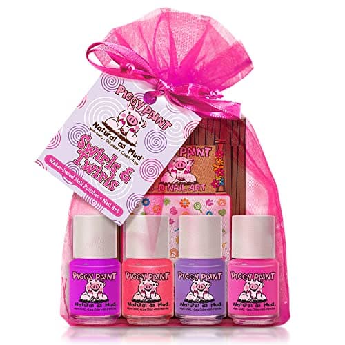 Piggy Paint 100 NonToxic Girls Nail Polish Safe Crueltyfree Vegan Low Odor for Kids Swirls Twirls 4 Polish Nail Art Gift Set