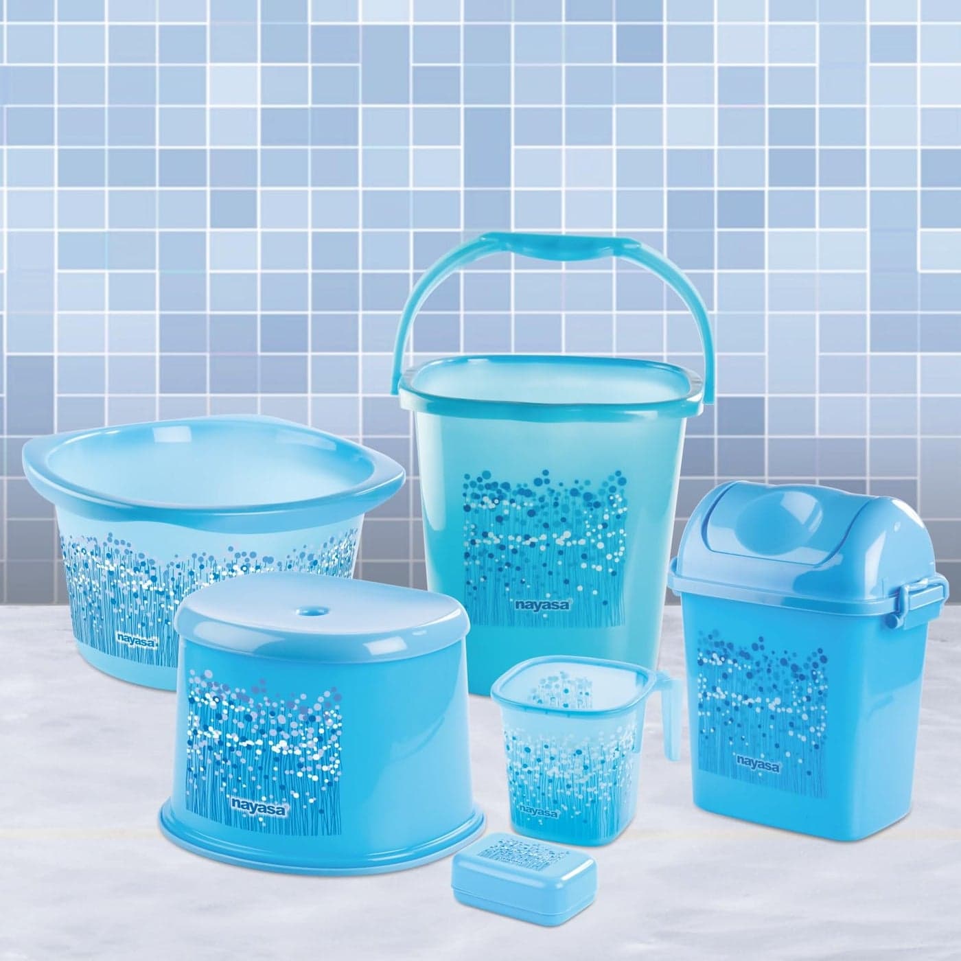 Nayasa Bathroom Set Small DLX 6 Pcs Bkt 25 L Mug 15 L Basin 20 L Dustbin 14 L 508 Stool Soap Case Bathroom Accessory Set Plastic Bathroom Set Bath Set for Bathroom Blue