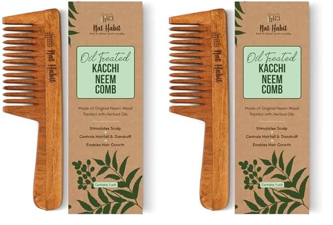 Nat Habit Kacchi Neem Wooden Comb Soaked In 17 Herbs Neem Sesame Oil For MultiActions Detangling Frizz Control Shine Suited For All Hair Types Wide Tooth Pack of 2