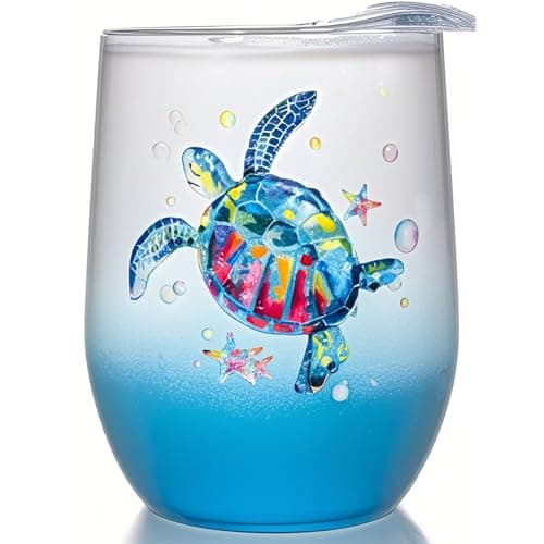 Sea Turtle Insulated Wine Tumbler for Women, Birthday Gift for Sea Turtle Lovers, 12 oz Stainless Steel Beach Wine Glass Mug Cup with Lid and Straw, Ocean Beach Gifts for Mom Best Friends Coworker