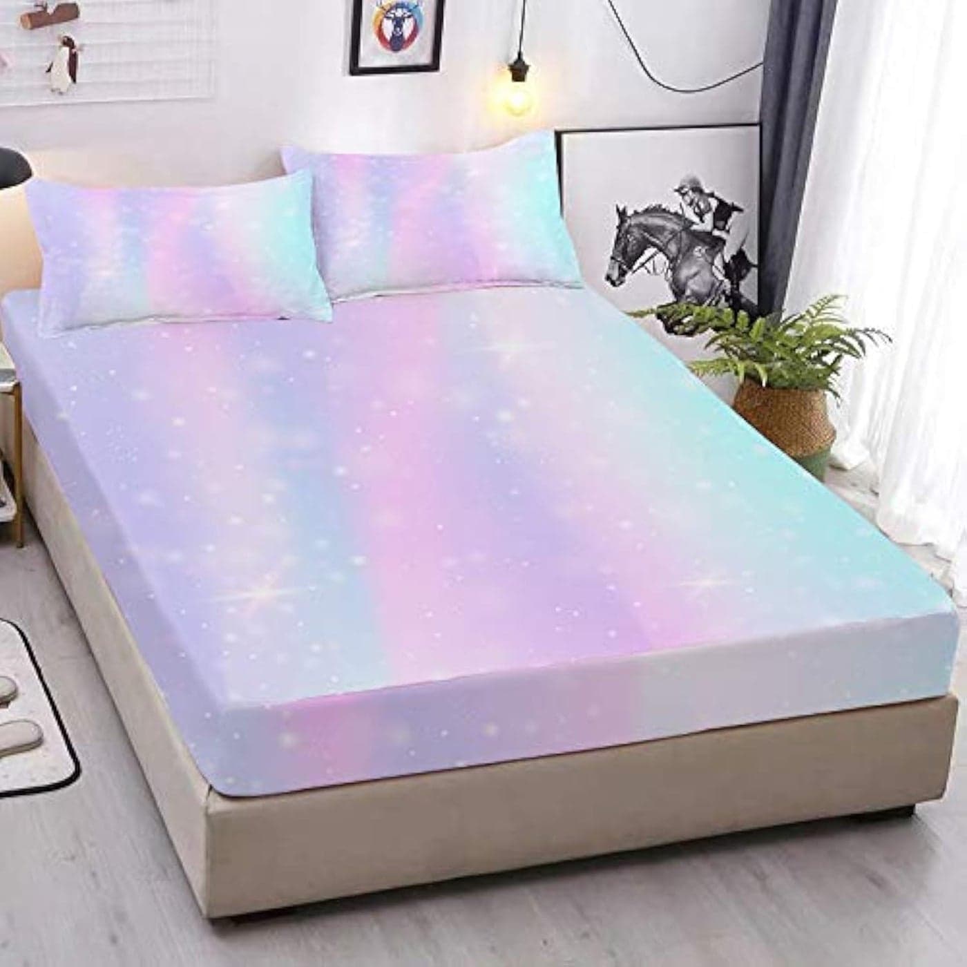 MUSOLEI Colorful Girls Fitted Sheet Set Rainbow Sheets 3D Rainbow Twin Bedding Set Girl Bed Sheets 2PCS Boho 1 Fitted Sheet with 2 Pillowcases Wrinkle Free Cozy Microfiber for GirlsFull