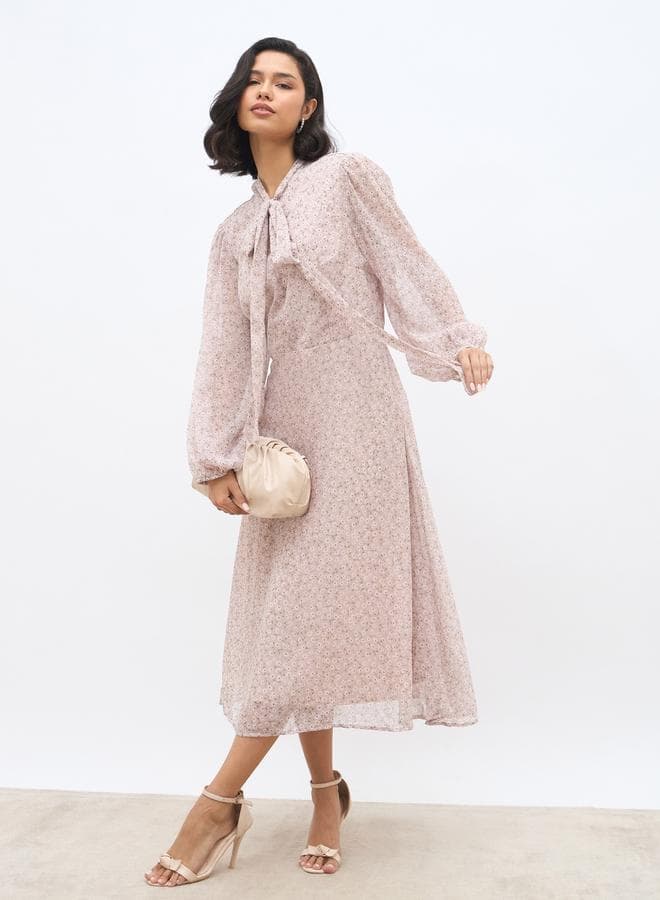 Women Floral Print Long Sleeves Midi Dress