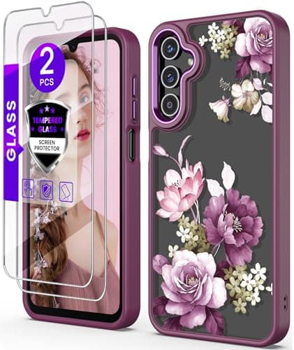 DagoRoo for Samsung Galaxy A25 5G Case+Tempered Glass Screen Protector,Military Grade Protective Slim Soft TPU & Hard PC,Girls Women Crystal Clear Flower Pattern Case Cover for A25 5G-Purple